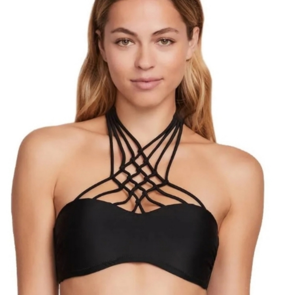 Volcom Women's Simply Solid Strappy  Bandeau Bikini Swimsuit Top  - Black